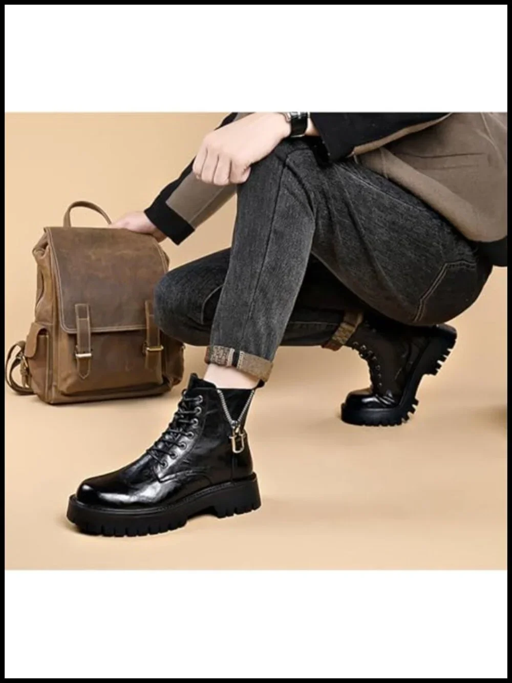 Genuine Leather Platform Combat Boots Lace Up Side Zipper Lug Sole Non-Slip